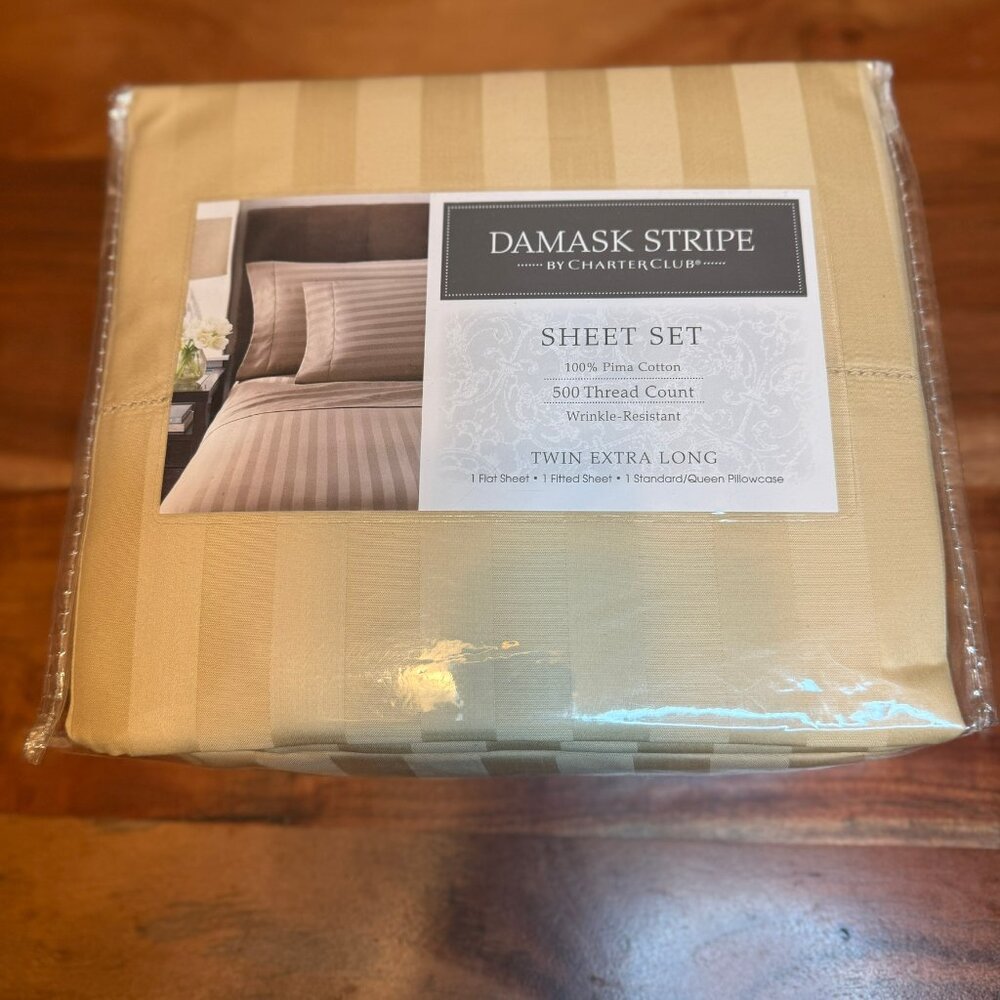 Charter Club Damask Stripe 500 Thread Count Sheet Set - Twin XL - Gold - NWT!!